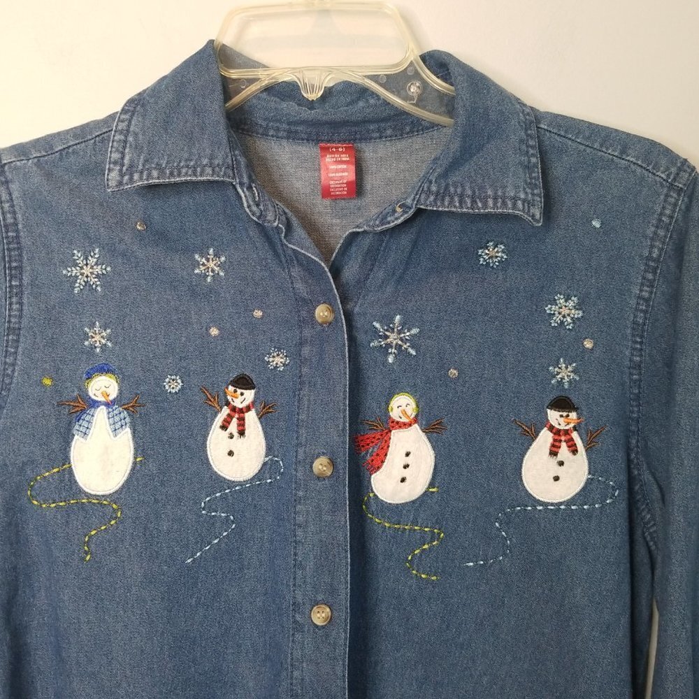 Chambray Button Down Snowman Snowflakes Shirt - image 2
